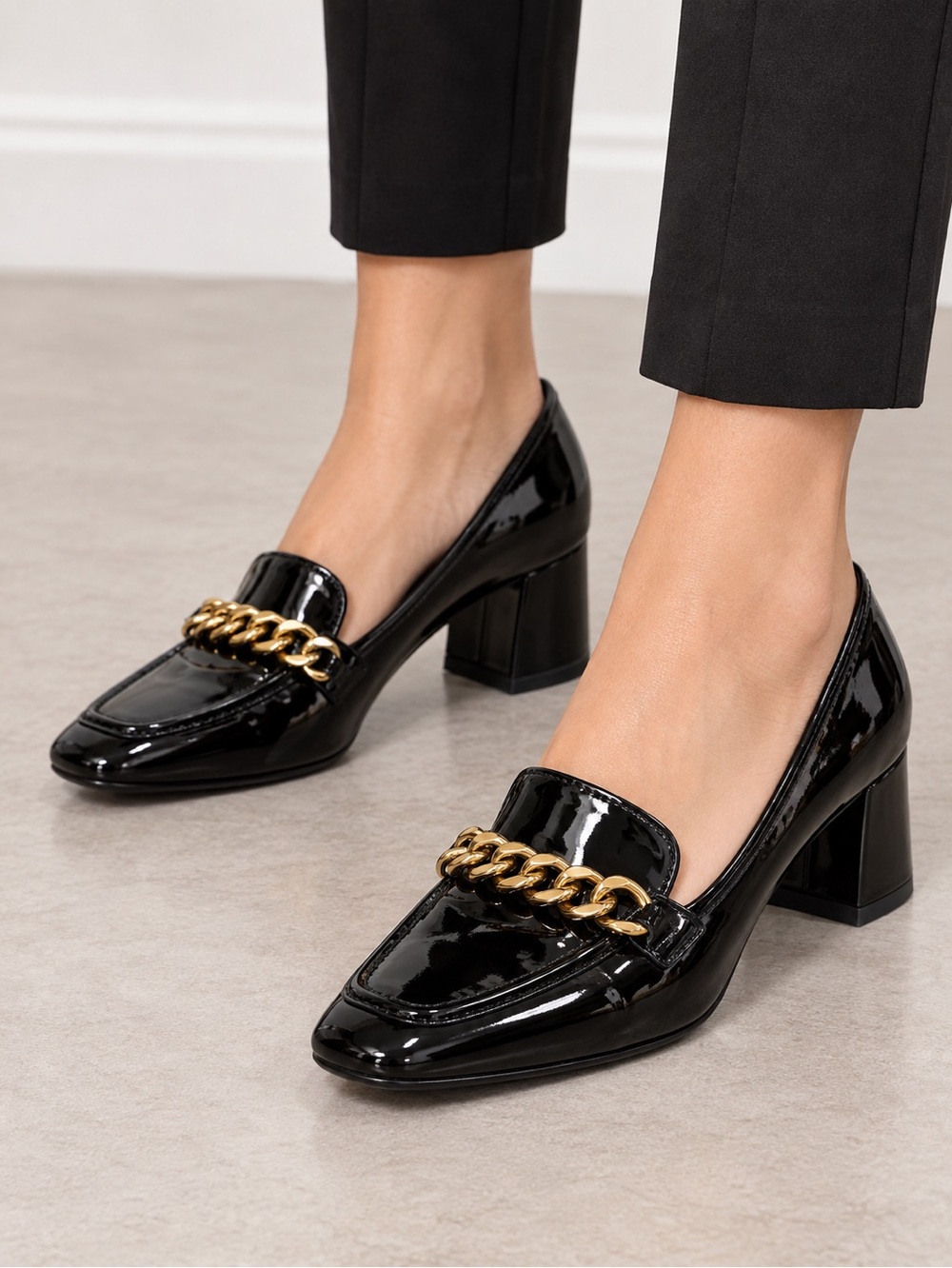 Black Patent Block Heel Loafers with Gold Chain